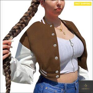 Vintage Baseball Jacket Button Down Fleece Bomber Crop Jacket Loose Fit